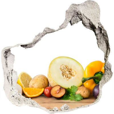 Zelfklevende muursticker 3D gat Fruit en groenten in een gat in de muur