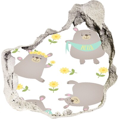 Zelfklevende muursticker 3D gat Lachende teddyberen in een bloemrijke omgeving.