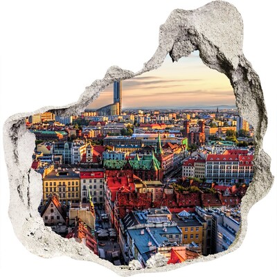 Zelfklevende muursticker 3D gat Een vogelperspectief van de stad