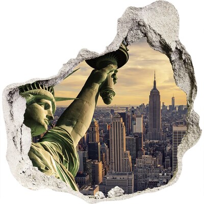 3D muursticker effect gat in de muur New York met uitzicht op het Vrijheidsbeeld.