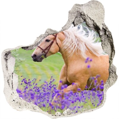 3D muursticker effect gat in de muur Een paard in een lavendelveld