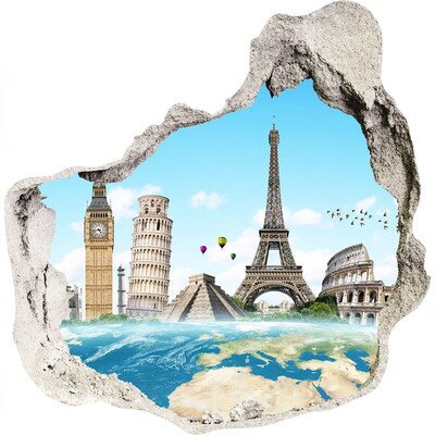 3D muursticker effect gat in de muur Grote monumenten van de wereld