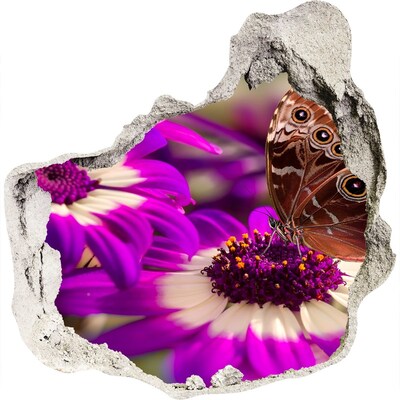 3D wandsticker gat in de muur Vlinder op bloemen in een gat in de muur