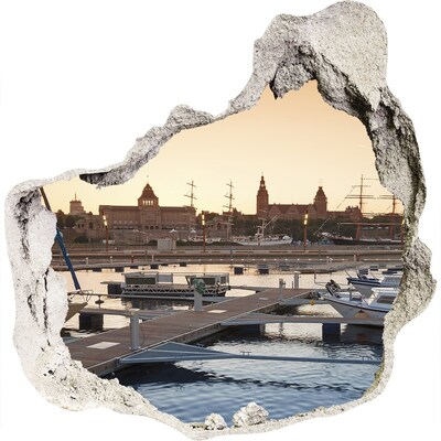 Zelfklevende muursticker 3D gat De haven in de ondergaande zon