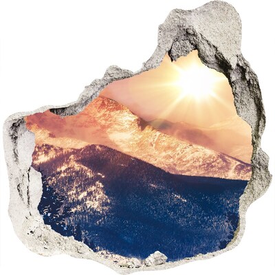 3D wandsticker gat in de muur Berglandschap bij zonsopgang