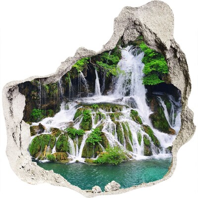 3D muursticker effect gat in de muur Een waterval in een groene omgeving