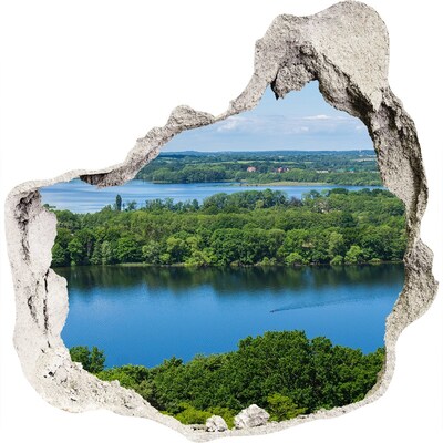Zelfklevende muursticker 3D gat Uitzicht op het meer te midden van het groen.