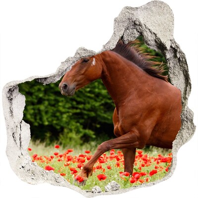 3D muursticker effect gat in de muur Een paard in een veld vol klaprozen