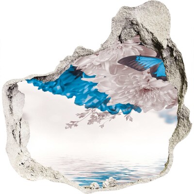 3D muursticker effect gat in de muur Bloemenlandschap met vlinders