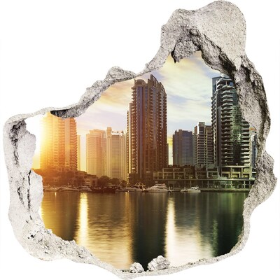 3D wandsticker gat in de muur Een moderne stad aan het water