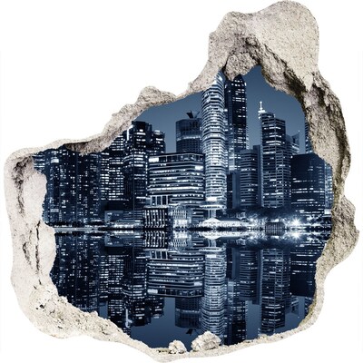 Zelfklevende muursticker 3D gat Stad 's nachts aan de rivier