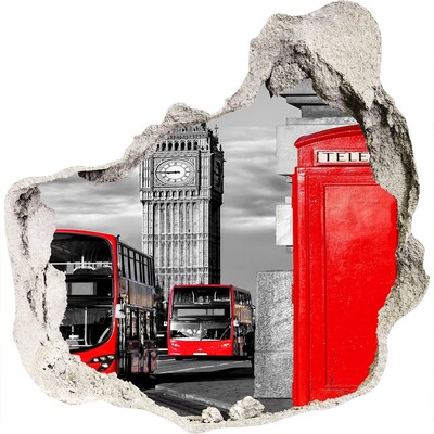 3D wandsticker gat in de muur De skyline van Londen met rode bussen