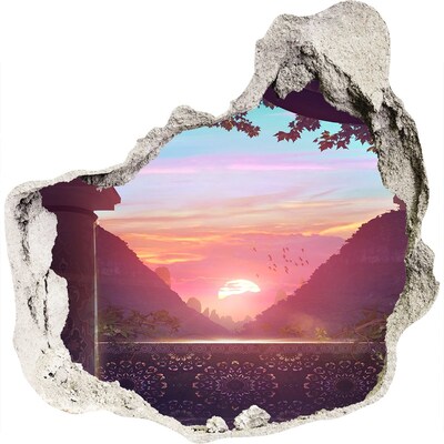 3D wandsticker gat in de muur Zonsondergang in een bergdal