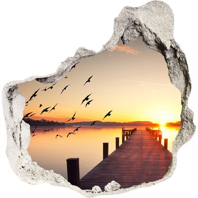Zelfklevende muursticker 3D gat Zonsondergang boven het meer