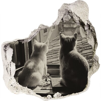 Zelfklevende muursticker 3D gat Katten voor het raam