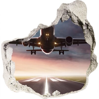 3D muursticker effect gat in de muur Luchthaven bij zonsondergang