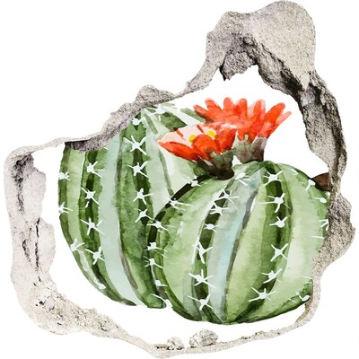 Zelfklevende muursticker 3D gat Een cactus met een bloem in een gat in de muur.