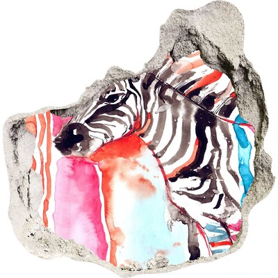 3D muursticker effect gat in de muur Zebra op een kleurrijke achtergrond
