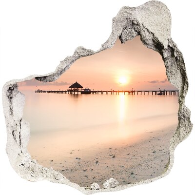 Zelfklevende muursticker 3D gat Zonsondergang boven de pier