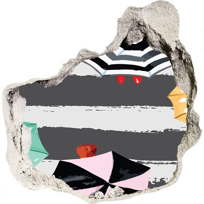 3D muursticker effect gat in de muur Mysterieus strand met parasols