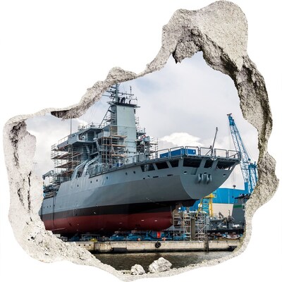 3D wandsticker gat in de muur Een schip in de scheepswerf