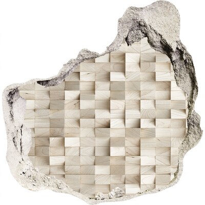 3D muursticker effect gat in de muur Een beschadigde muur met een houten mozaïek.