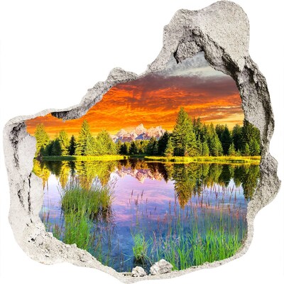 3D muursticker effect gat in de muur Berglandschap bij zonsondergang