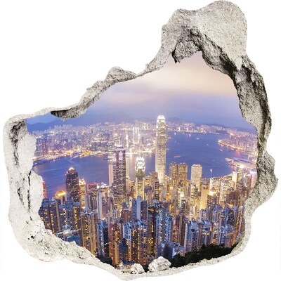 3D wandsticker gat in de muur Uitzicht op Hongkong 's nachts