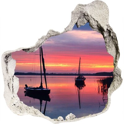 Zelfklevende muursticker 3D gat Zonsondergang boven het meer
