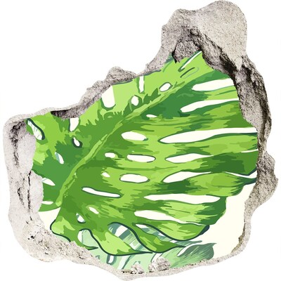 3D muursticker effect gat in de muur Groene monstera in een betonnen gat