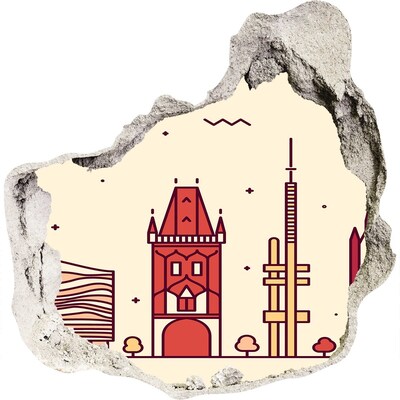 Zelfklevende muursticker 3D gat Een stad met een toren en gebouwen