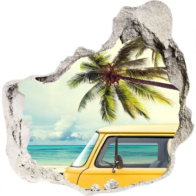 3D muursticker effect gat in de muur Tropische oase met een gele auto