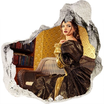3D muursticker effect gat in de muur Een vrouw in een elegante jurk in een stijlvol interieur.