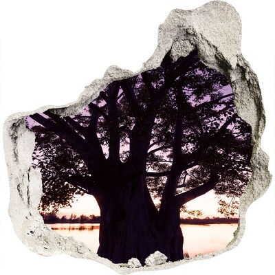 Zelfklevende muursticker 3D gat Zonsondergang achter de boom