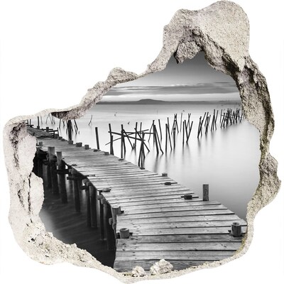3D muursticker effect gat in de muur Pier in een mistige omgeving