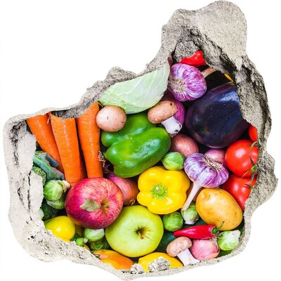 3D muursticker effect gat in de muur Kleurrijke groenten en fruit in een gat in de muur