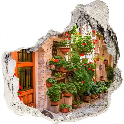 3D muursticker effect gat in de muur Een charmante straat met bloemen