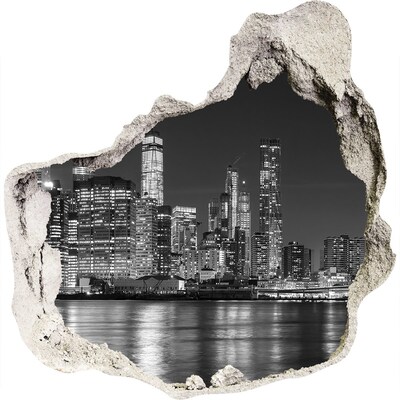 3D wandsticker gat in de muur De skyline van New York 's nachts
