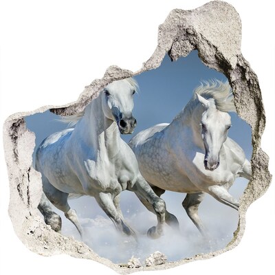 Zelfklevende muursticker 3D gat Witte paarden loslopend