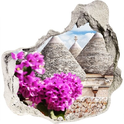 3D wandsticker gat in de muur Trulli in Puglia met bloemen