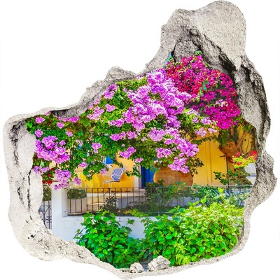 3D wandsticker gat in de muur Een bloemenparadijs achter de muren.