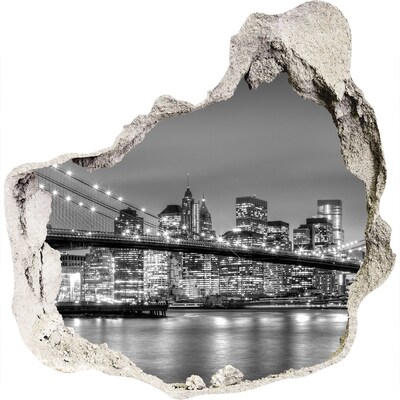 3D muursticker effect gat in de muur De skyline van New York in zwart-wit.