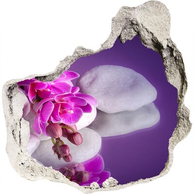 3D wandsticker gat in de muur Orchideeën tegen een achtergrond van stenen.