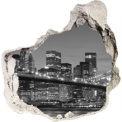3D muursticker effect gat in de muur De skyline van New York 's nachts