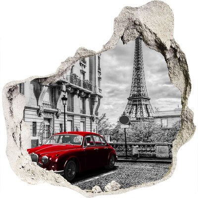3D muursticker effect gat in de muur Rode auto in Parijs