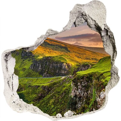 Zelfklevende muursticker 3D gat Groene heuvels van Schotland