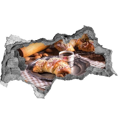 Zelfklevende muursticker 3D gat Heerlijke croissants met koffie