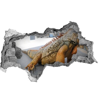 3D muursticker effect gat in de muur Leguaan in een beschadigde muur