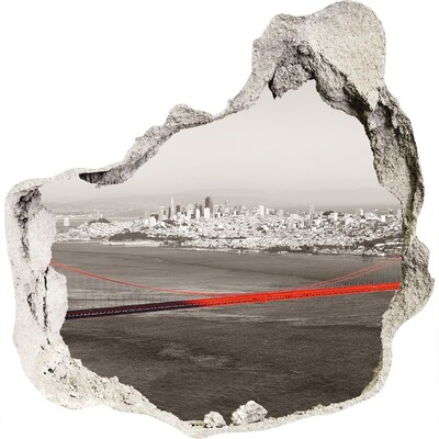 Zelfklevende muursticker 3D gat Uitzicht op San Francisco met de Golden Gate Bridge.