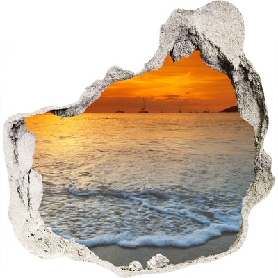 3D muursticker effect gat in de muur Zonsondergang boven de zee